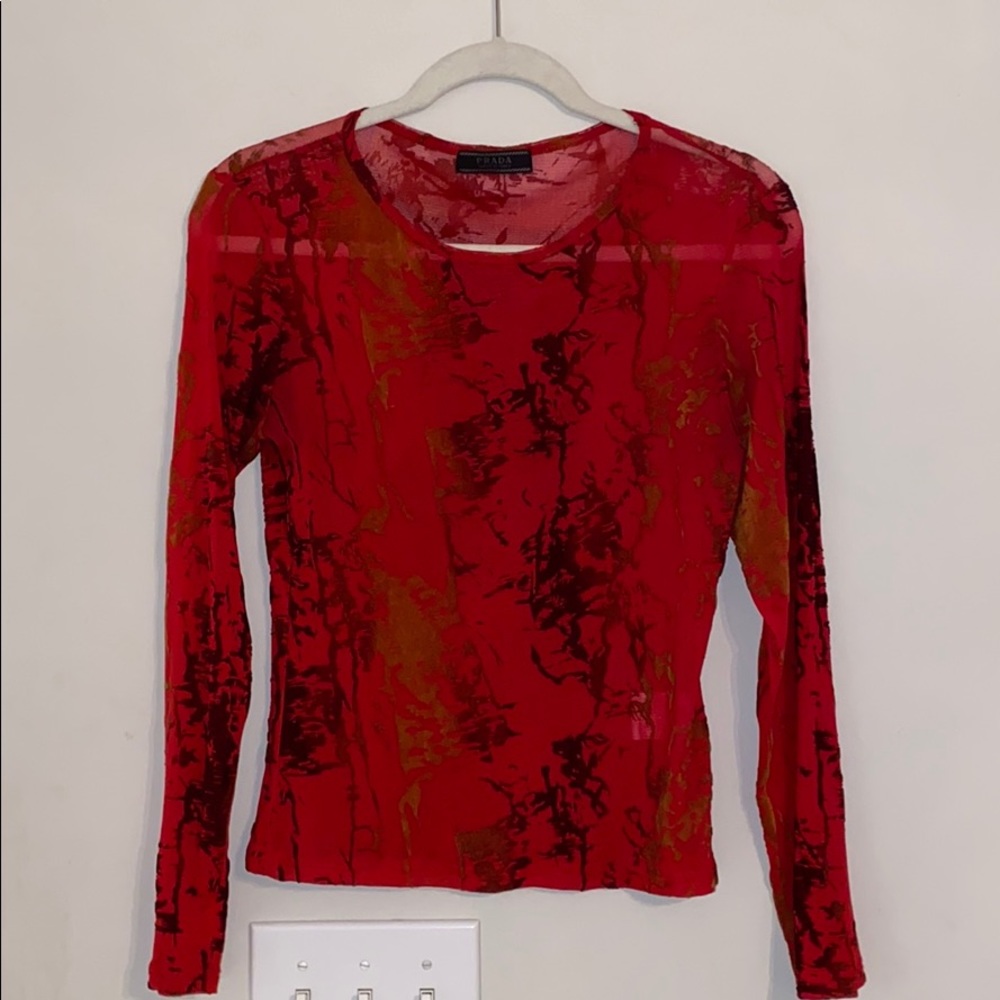 Prada red w/ brown & tan velvet design top sz. L